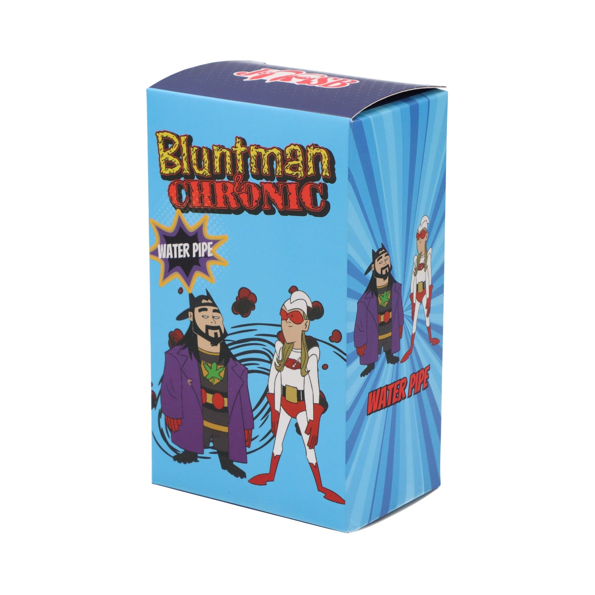 Front view of the JSB Bluntman & Chronic Water Pipe in blue, displaying a cartoon character design on its cylindrical body.