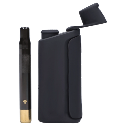 Close-up front view of the X5 One Hitter showing a black metal one-hitter with a brass tip next to its matte black hinged case.