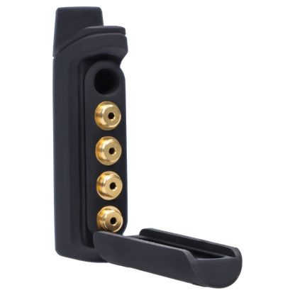 Close-up three-quarter view of the black X5 One Hitter with its hinged case open to reveal a vertical row of four gold-colored metal inserts.