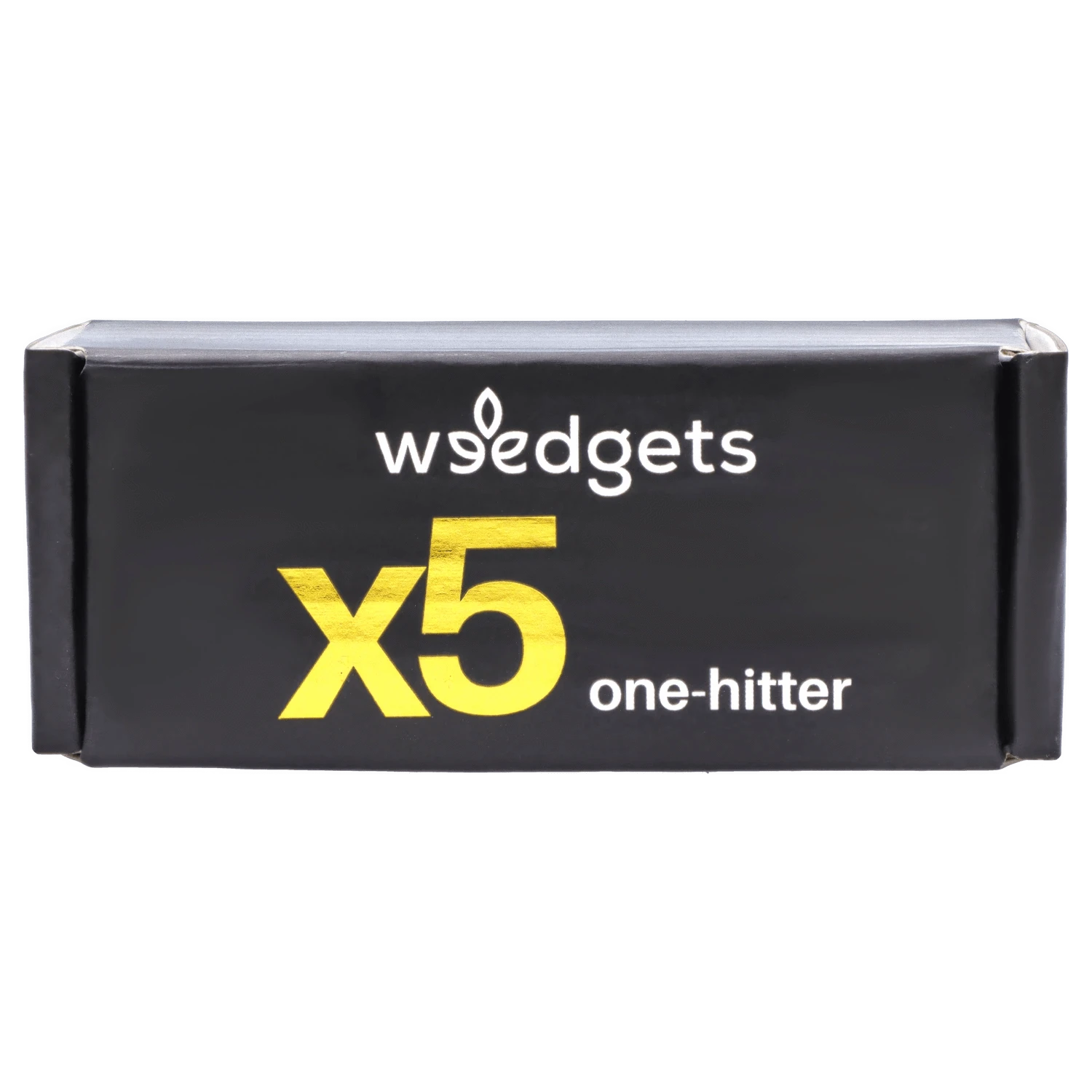 Front-facing close-up of the black box labeled X5 One Hitter with bold gold "x5" lettering and white logo text.