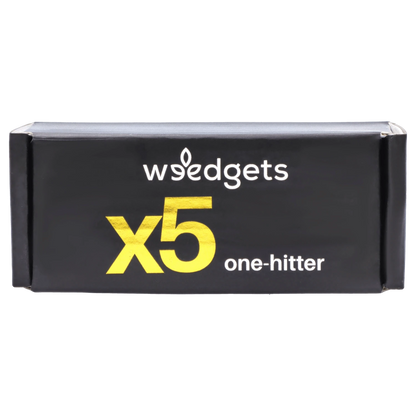 Front-facing close-up of the black box labeled X5 One Hitter with bold gold "x5" lettering and white logo text.