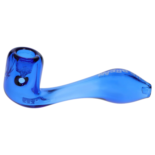 Side view of the blue Puff Puff Pass Strains Blue Dream Sherlock -Blue - 4in. glass handpipe resting on a white background, showing its curved stem and rounded bowl.