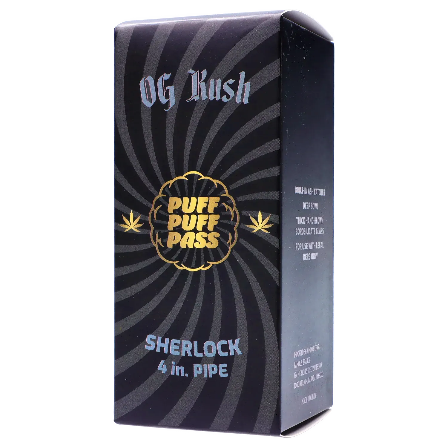 Angled close-up of the black Puff Puff Pass Strains OG Kush Sherlock -Black - 4in. box showing spiraled gray graphics, gold logo, and blue product text.