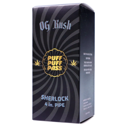 Angled close-up of the black Puff Puff Pass Strains OG Kush Sherlock -Black - 4in. box showing spiraled gray graphics, gold logo, and blue product text.