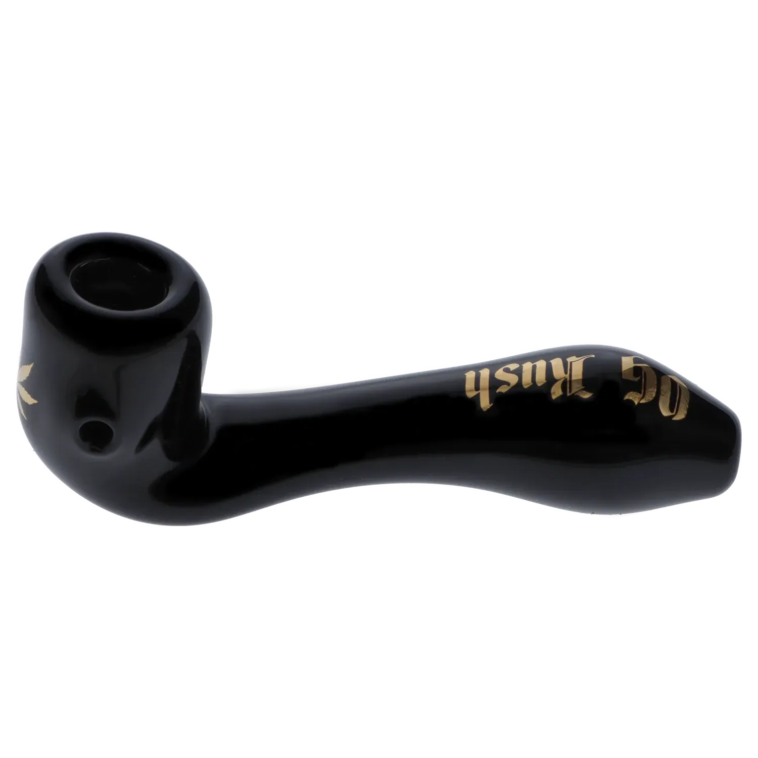 Side view of the black Puff Puff Pass Strains OG Kush Sherlock -Black - 4in. glass pipe with gold lettering along its curved stem.