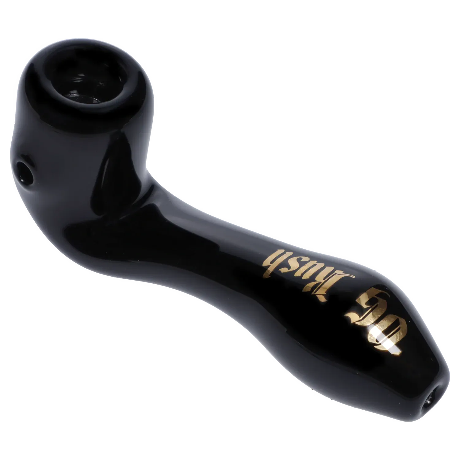 Angled close-up of the glossy black Puff Puff Pass Strains OG Kush Sherlock -Black - 4in. showing the bowl, side carb and gold script on the curved stem