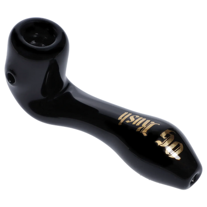 Angled close-up of the glossy black Puff Puff Pass Strains OG Kush Sherlock -Black - 4in. showing the bowl, side carb and gold script on the curved stem