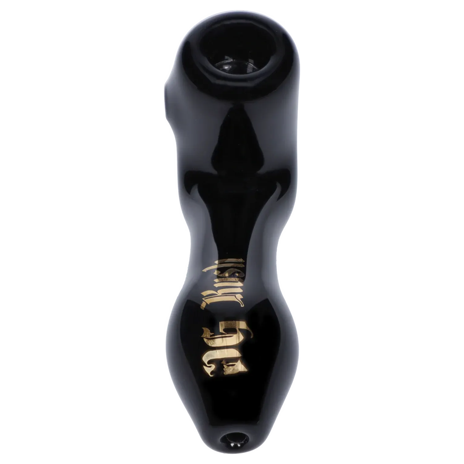 Top-down view of the black Puff Puff Pass Strains OG Kush Sherlock -Black - 4in. spoon pipe with gold lettering along its curved body.