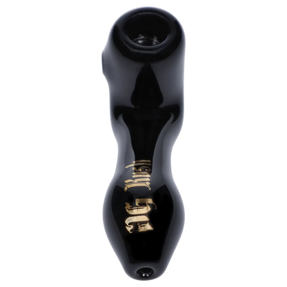 Top-down view of the black Puff Puff Pass Strains OG Kush Sherlock -Black - 4in. spoon pipe with gold lettering along its curved body.