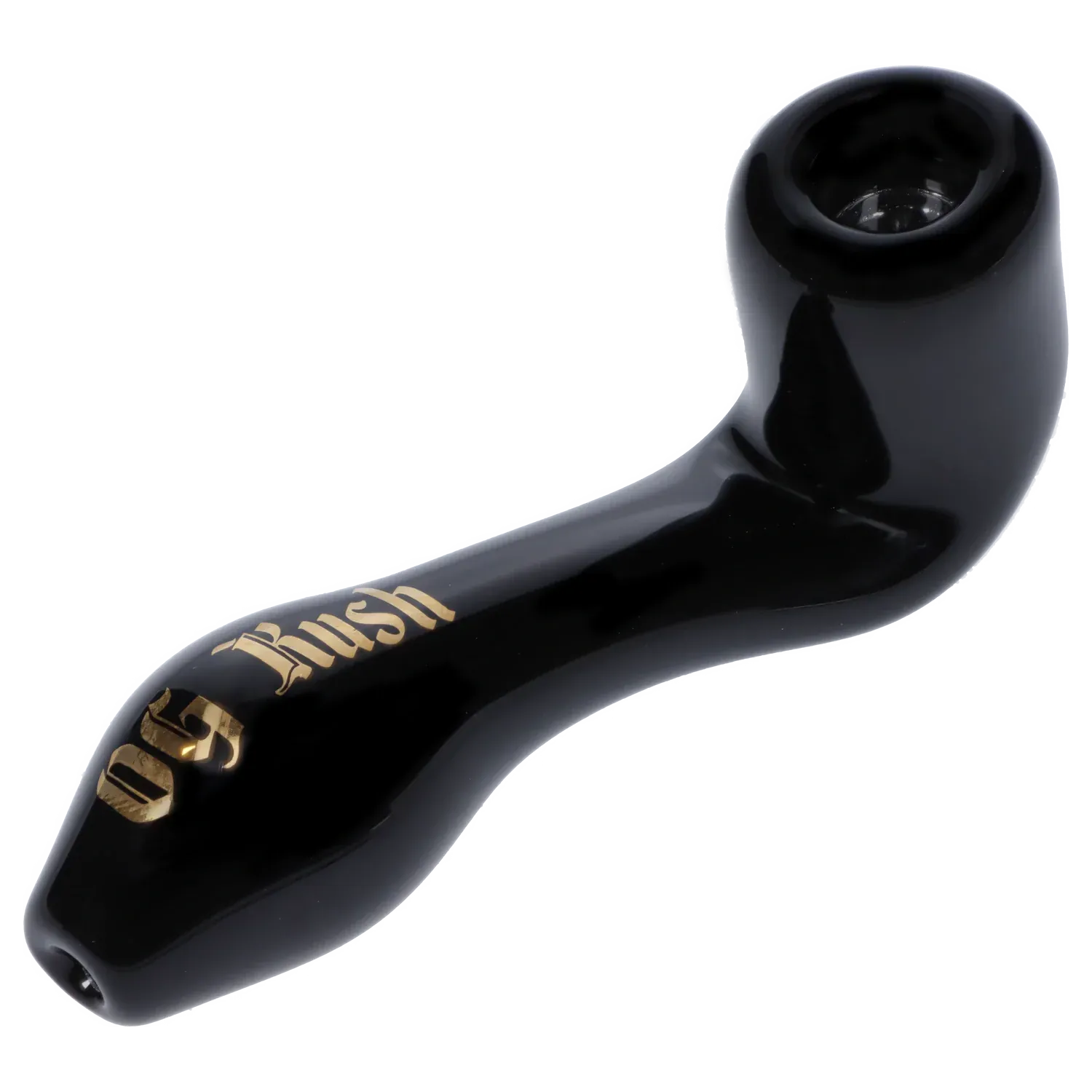 Angled close-up of the black Puff Puff Pass Strains OG Kush Sherlock -Black - 4in. showing its curved bowl and gold logo on a white background
