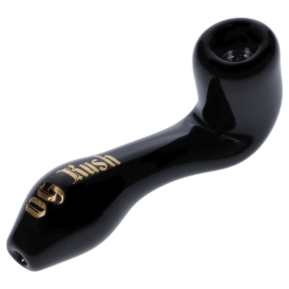 Angled close-up of the black Puff Puff Pass Strains OG Kush Sherlock -Black - 4in. showing its curved bowl and gold logo on a white background