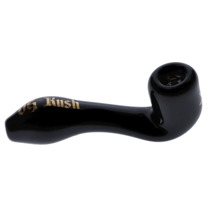 Side view of the black Puff Puff Pass Strains OG Kush Sherlock -Black - 4in. glass pipe showing its curved sherlock shape and gold script on the stem.
