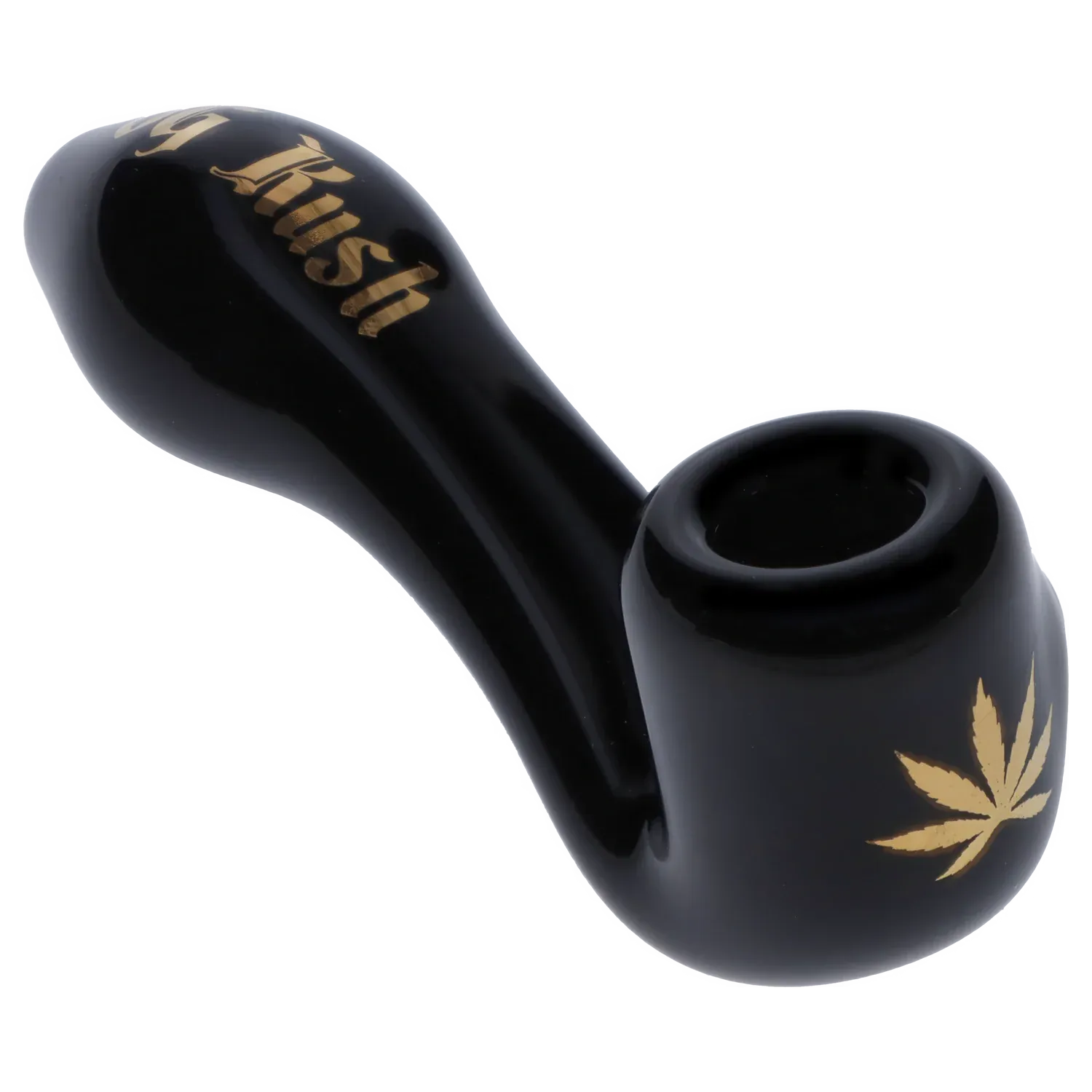 Close-up angled view of the Puff Puff Pass Strains OG Kush Sherlock -Black - 4in. showing its glossy black bowl and gold leaf motif.