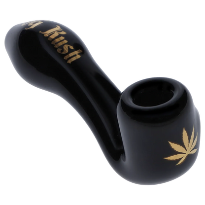 Close-up angled view of the Puff Puff Pass Strains OG Kush Sherlock -Black - 4in. showing its glossy black bowl and gold leaf motif.