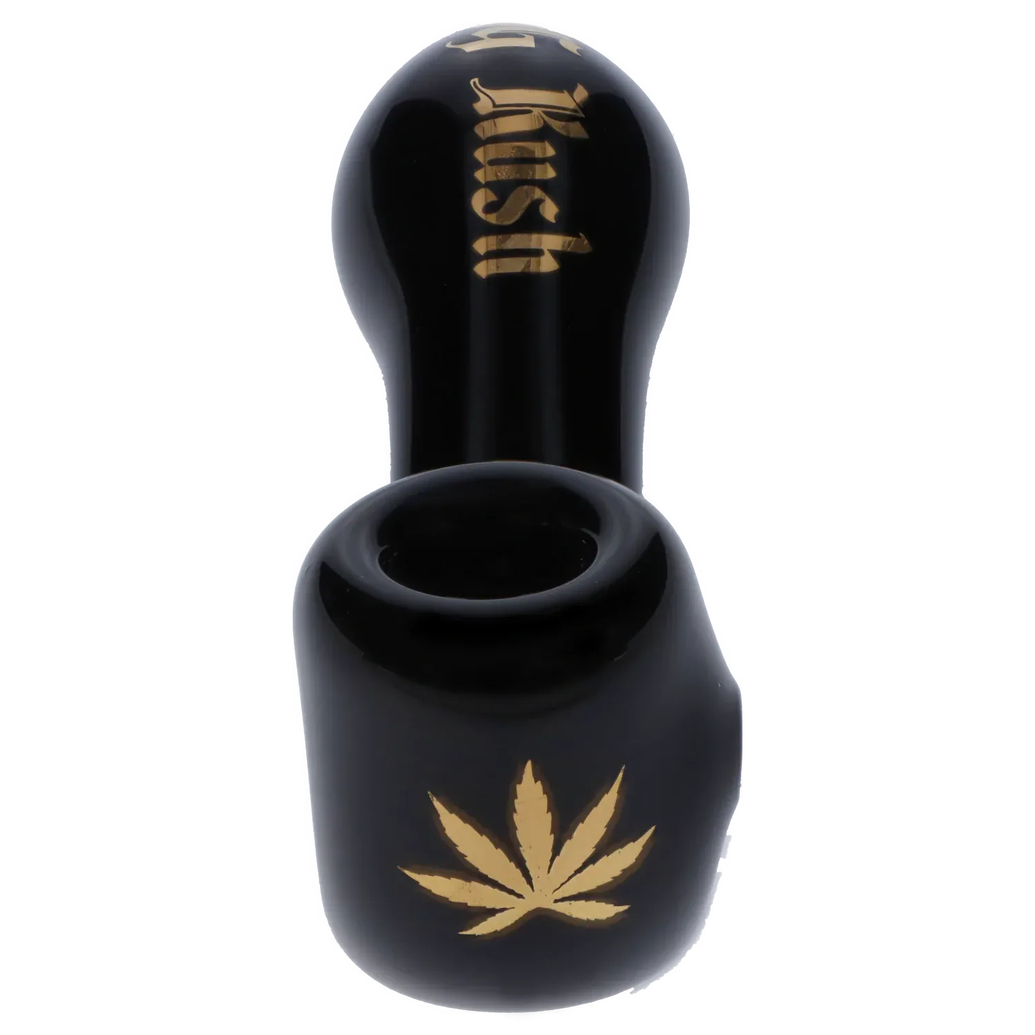 Top-down close-up of the black Puff Puff Pass Strains OG Kush Sherlock showing the rounded bowl and gold leaf graphic.