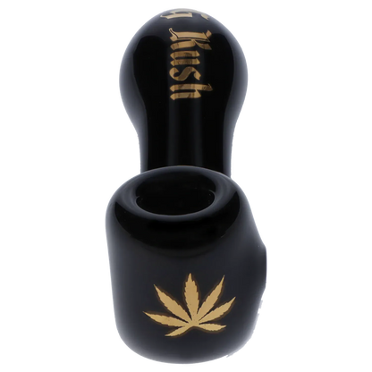Top-down close-up of the black Puff Puff Pass Strains OG Kush Sherlock showing the rounded bowl and gold leaf graphic.