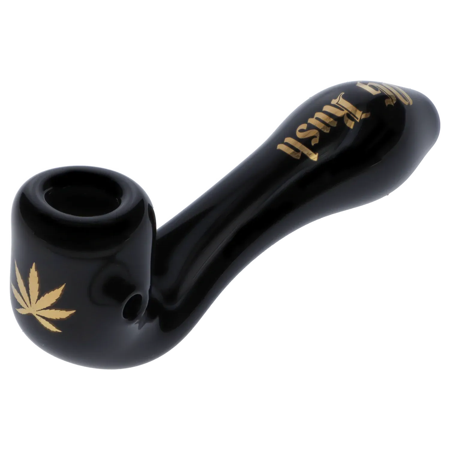 Angled close-up of the black Puff Puff Pass Strains OG Kush Sherlock -Black - 4in. showing its curved stem, bowl rim, and gold leaf and script decoration