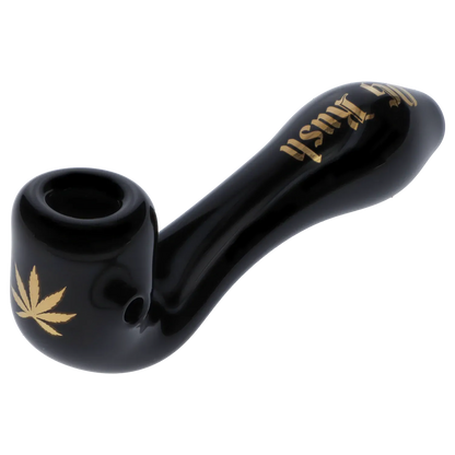 Angled close-up of the black Puff Puff Pass Strains OG Kush Sherlock -Black - 4in. showing its curved stem, bowl rim, and gold leaf and script decoration