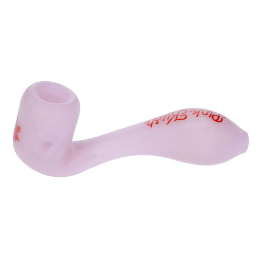 A side view of the 4-inch Puff Puff Pass Strains Pink Kush Sherlock in milky pink, showcasing its curved design against a plain white backdrop.