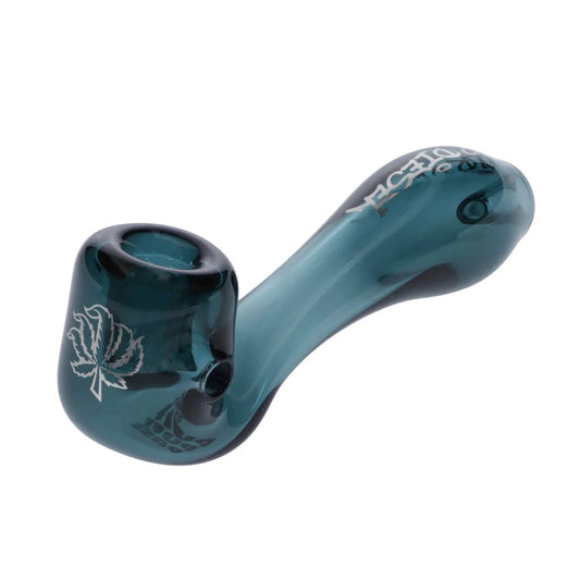 Angled close-up of the teal Puff Puff Pass Strains Sour Diesel Sherlock -Teal - 4in. glass spoon pipe showing its bowl, leaf etching, and curved stem.