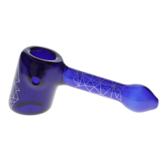 Front view of the Famous Design Space Hammer Pipe-Blue, a 5-inch blue glass pipe with a geometric pattern.