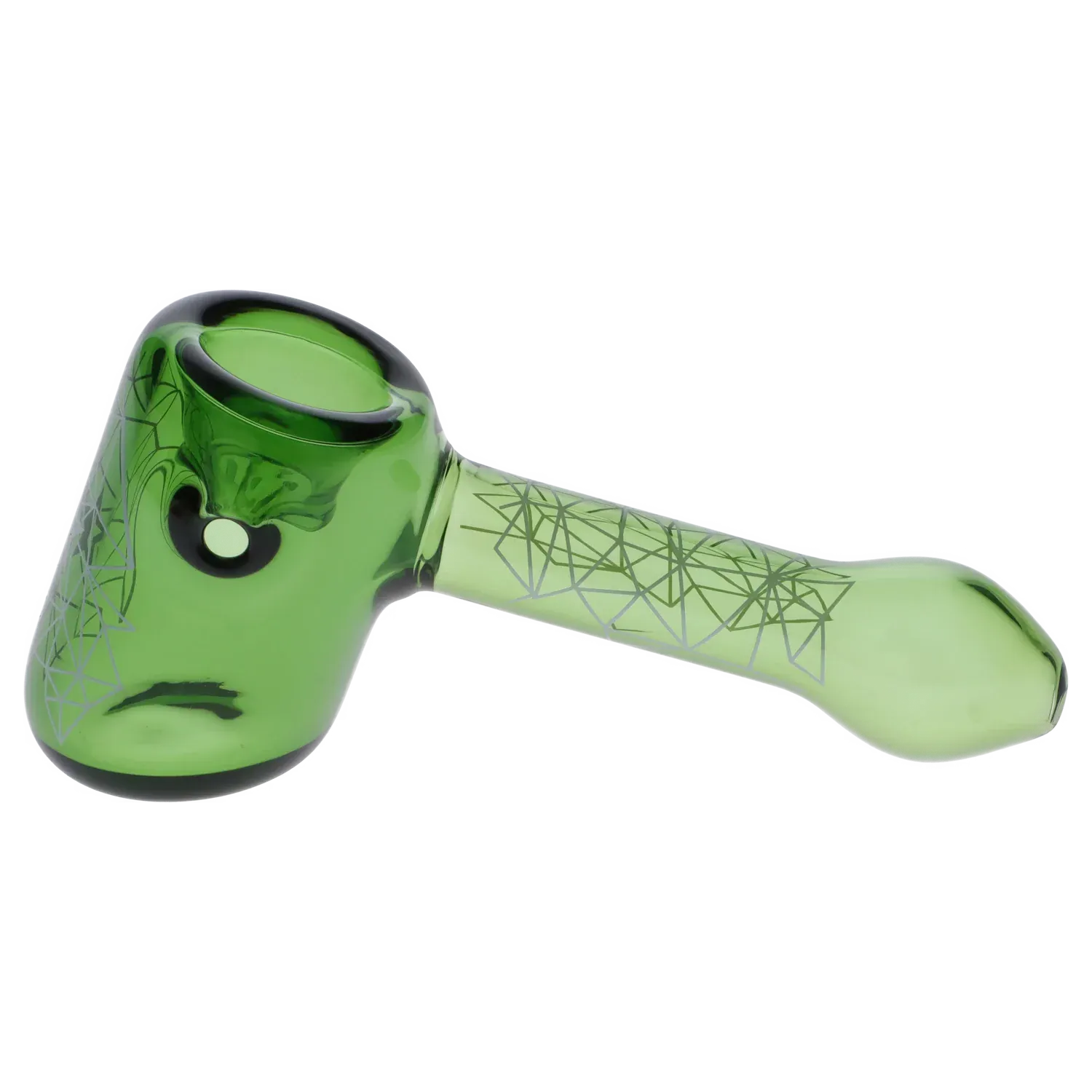 Side view of the green Famous Design Space Hammer Pipe-Green-5 in. showing its rounded bowl, tapered handle with geometric line patterns, and glossy glass finish.