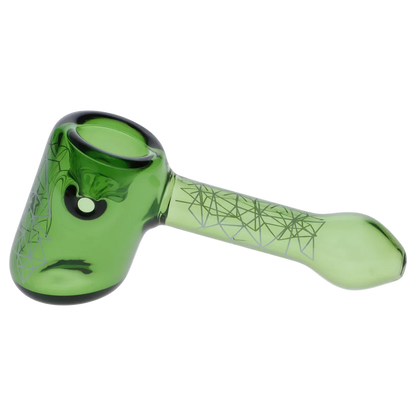 Side view of the green Famous Design Space Hammer Pipe-Green-5 in. showing its rounded bowl, tapered handle with geometric line patterns, and glossy glass finish.