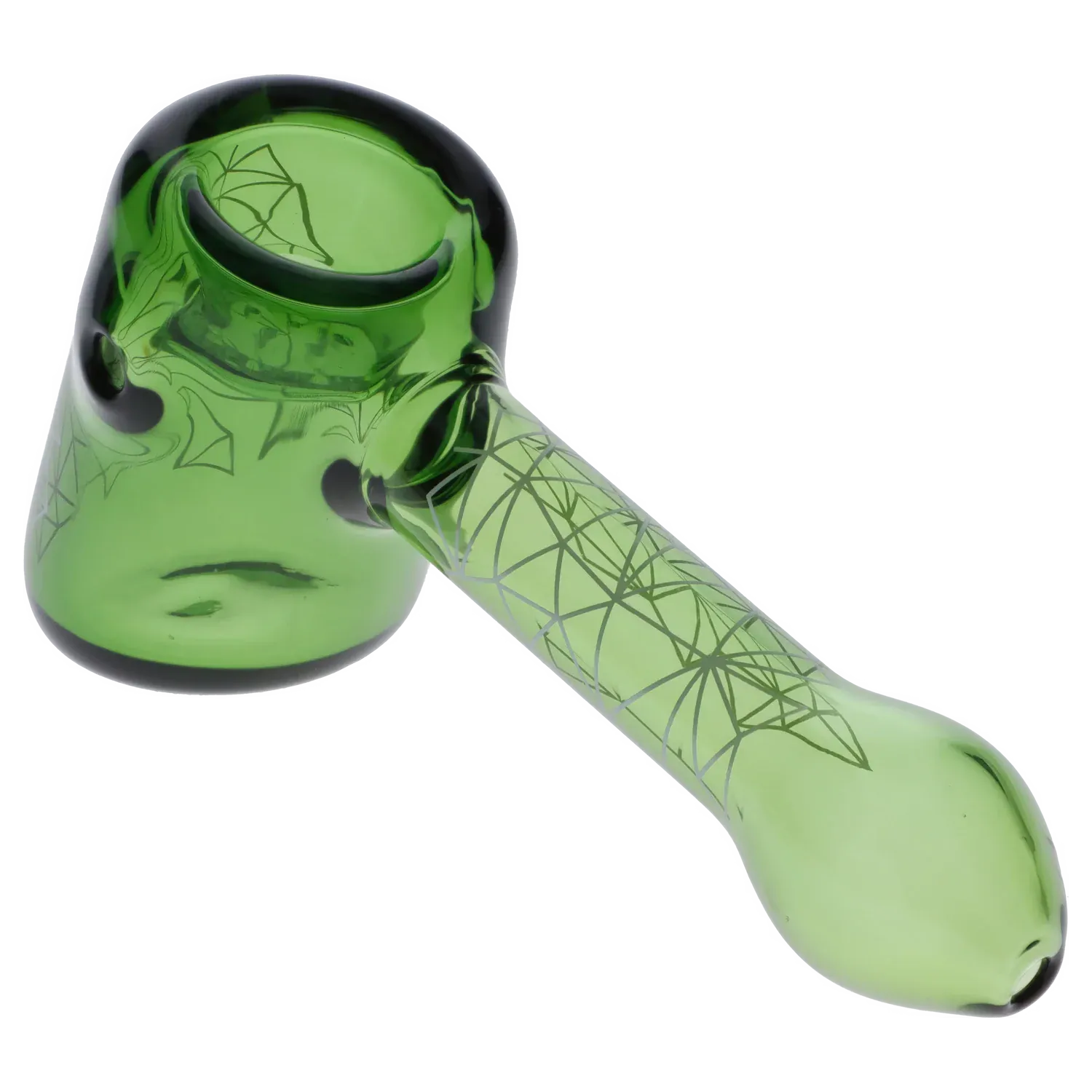 Angled close-up of the green Famous Design Space Hammer Pipe-Green-5 in. showing its rounded bowl, long decorated stem, and glossy translucent glass.