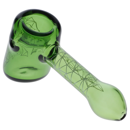 Angled close-up of the green Famous Design Space Hammer Pipe-Green-5 in. showing its rounded bowl, long decorated stem, and glossy translucent glass.