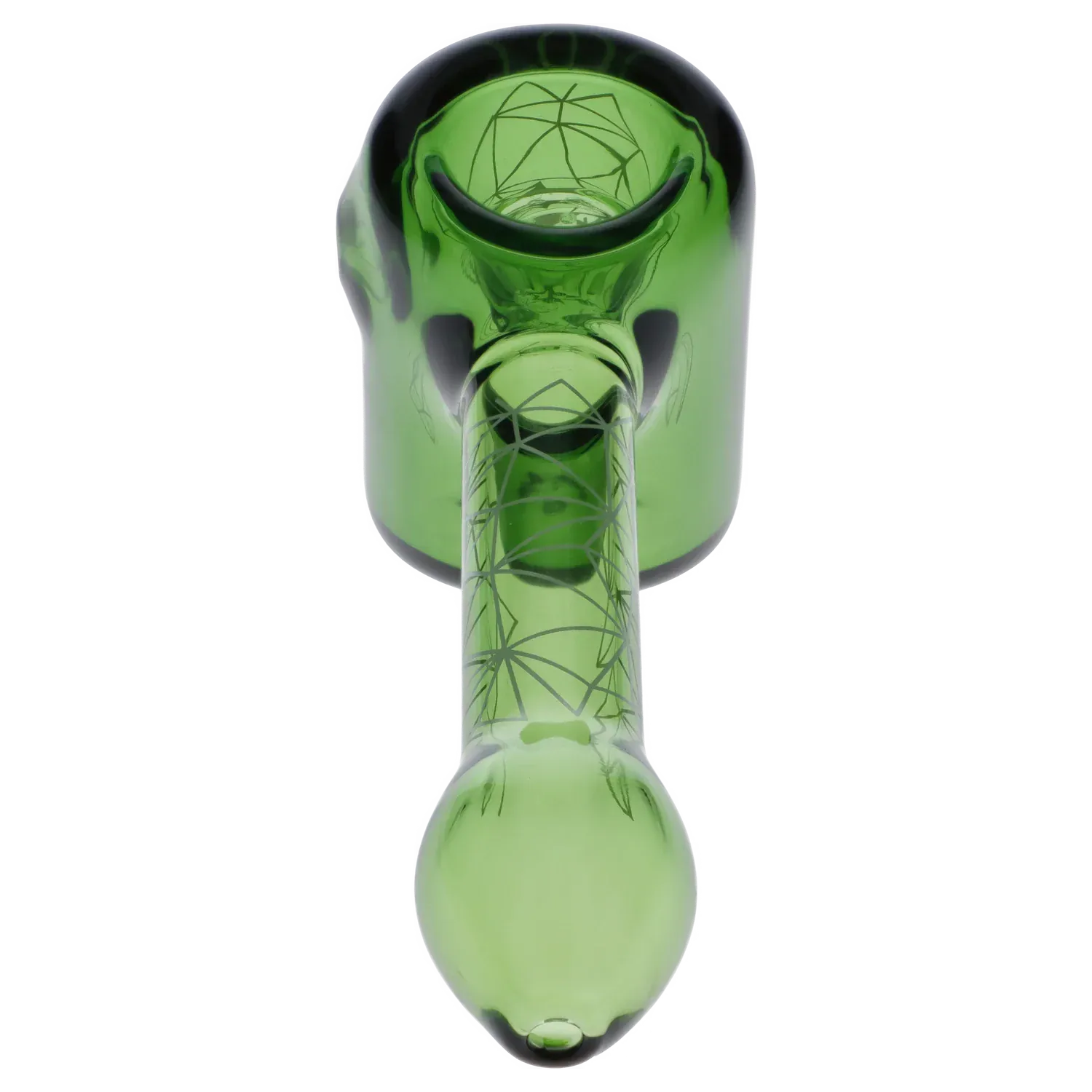 Top-down view of the green Famous Design Space Hammer Pipe-Green-5 in., showing its rounded bowl, straight stem with starburst line etchings, and glossy reflections.