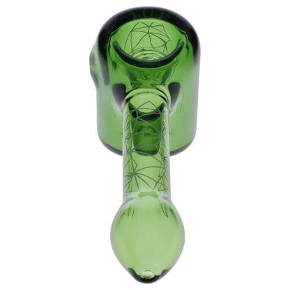 Top-down view of the green Famous Design Space Hammer Pipe-Green-5 in., showing its rounded bowl, straight stem with starburst line etchings, and glossy reflections.