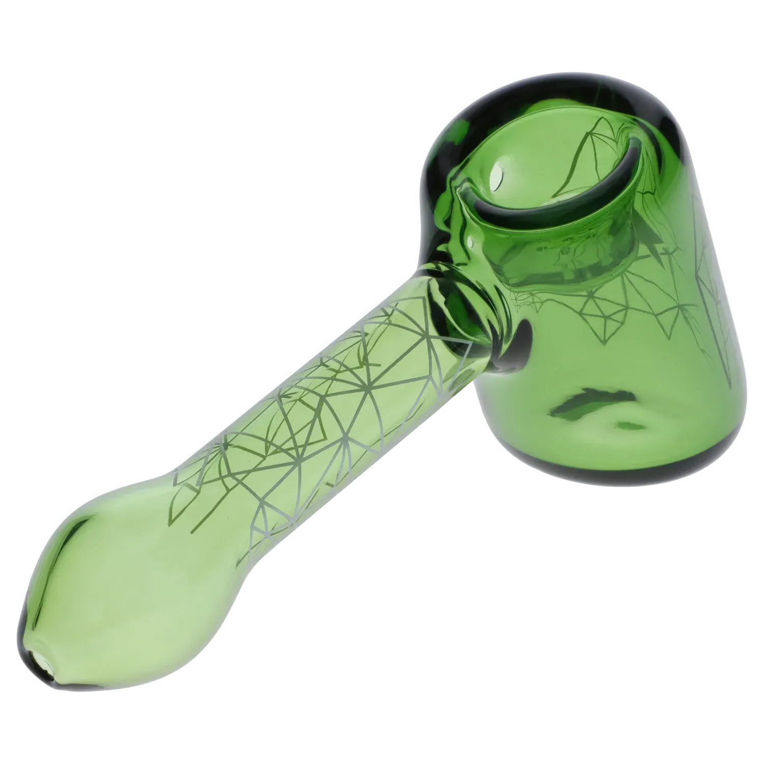 Angled close-up of the green Famous Design Space Hammer Pipe-Green-5 in. showing its patterned handle and rounded bowl.