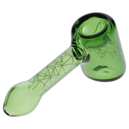 Angled close-up of the green Famous Design Space Hammer Pipe-Green-5 in. showing its patterned handle and rounded bowl.