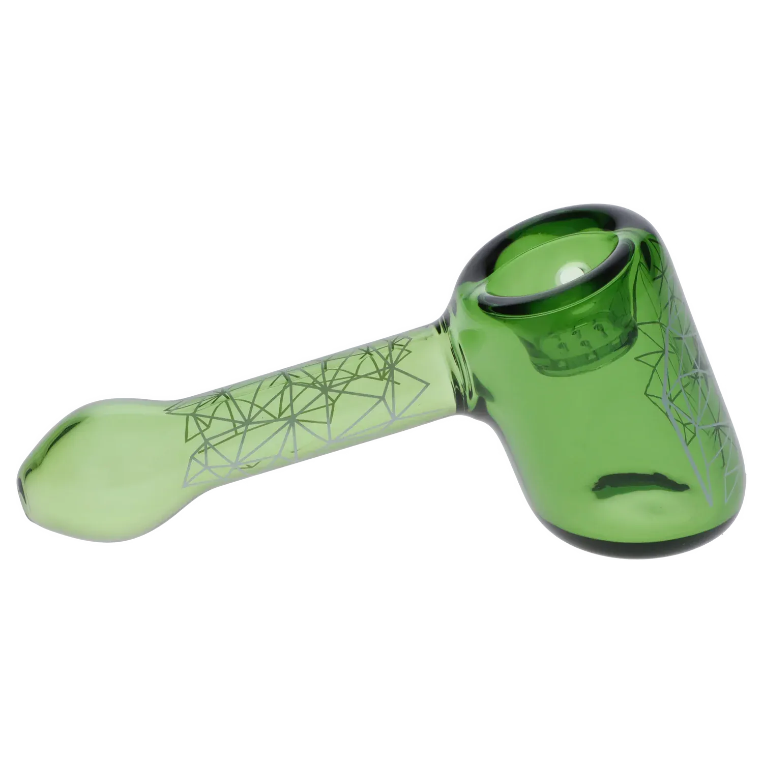 Side view of the green Famous Design Space Hammer Pipe-Green-5 in. showing its rounded bowl, tubular handle and geometric line pattern.