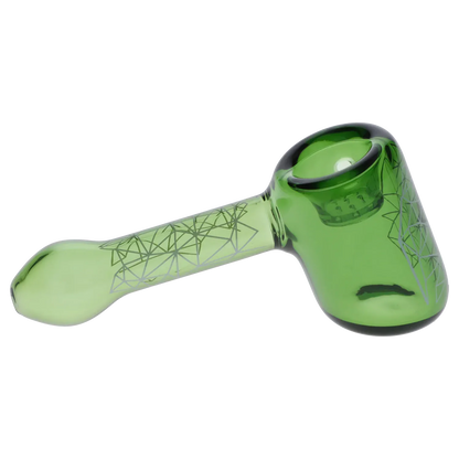 Side view of the green Famous Design Space Hammer Pipe-Green-5 in. showing its rounded bowl, tubular handle and geometric line pattern.