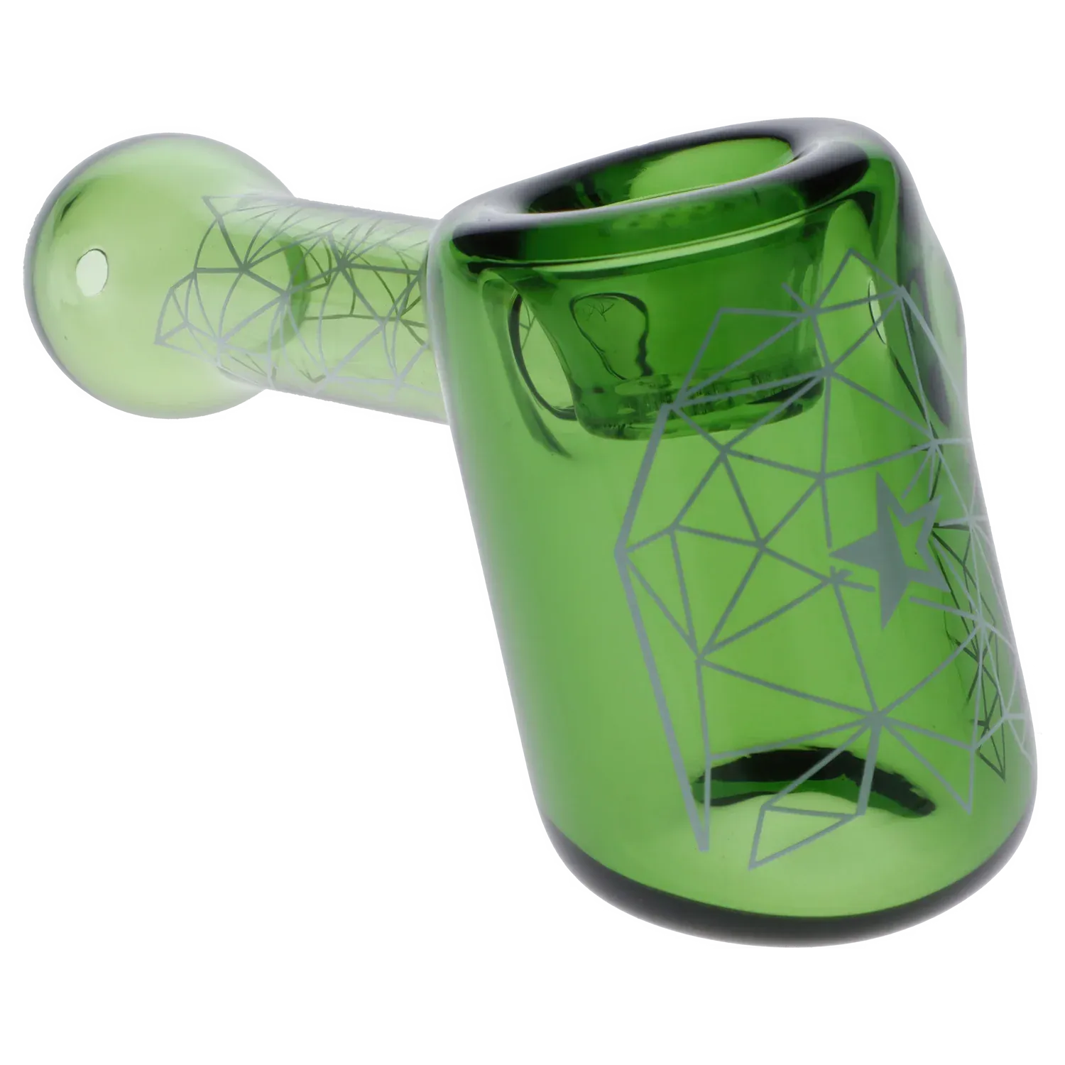 Angled close-up of the green Famous Design Space Hammer Pipe-Green-5 in., showing its geometric star decals and rounded bowl rim.