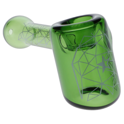 Angled close-up of the green Famous Design Space Hammer Pipe-Green-5 in., showing its geometric star decals and rounded bowl rim.