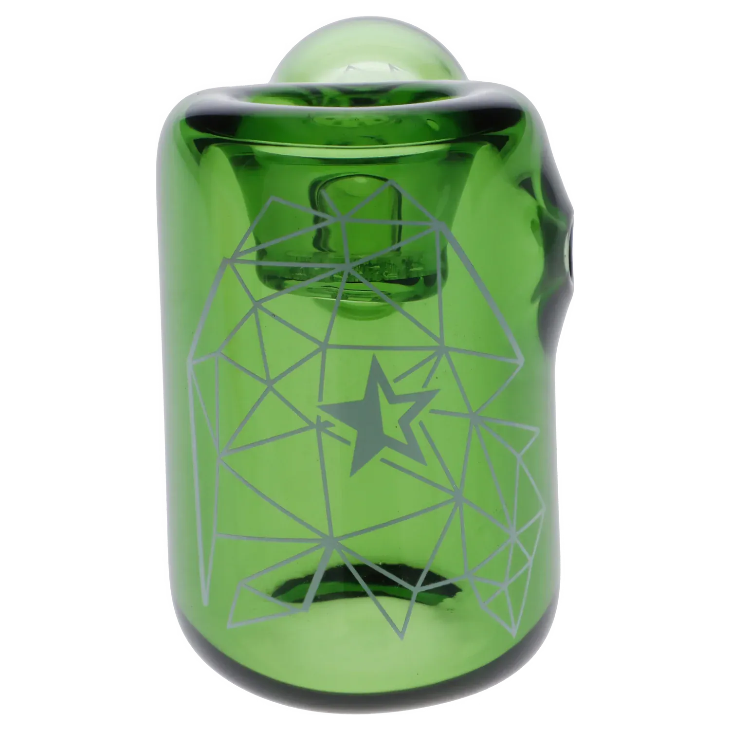 Close-up front view of the green Famous Design Space Hammer Pipe-Green-5 in. showing its rounded rim, internal downstem and geometric star pattern on the glass.