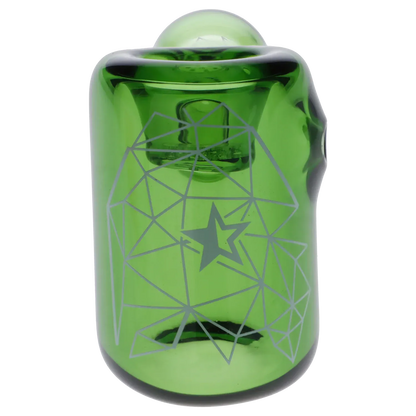 Close-up front view of the green Famous Design Space Hammer Pipe-Green-5 in. showing its rounded rim, internal downstem and geometric star pattern on the glass.