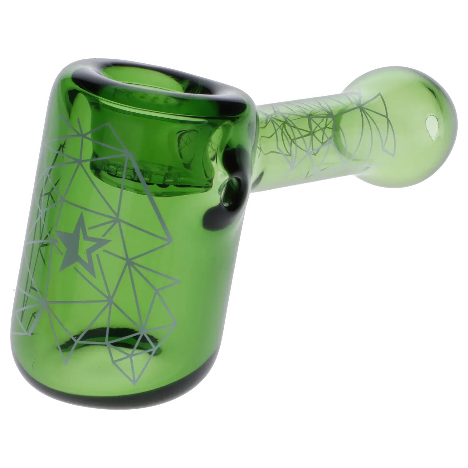 Angled close-up of the green Famous Design Space Hammer Pipe-Green-5 in., showing the bowl and patterned starline graphics on glossy glass.