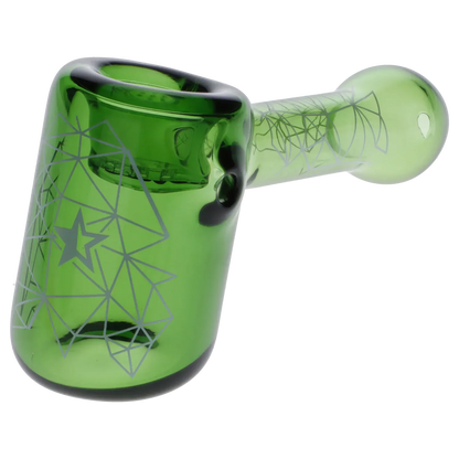 Angled close-up of the green Famous Design Space Hammer Pipe-Green-5 in., showing the bowl and patterned starline graphics on glossy glass.
