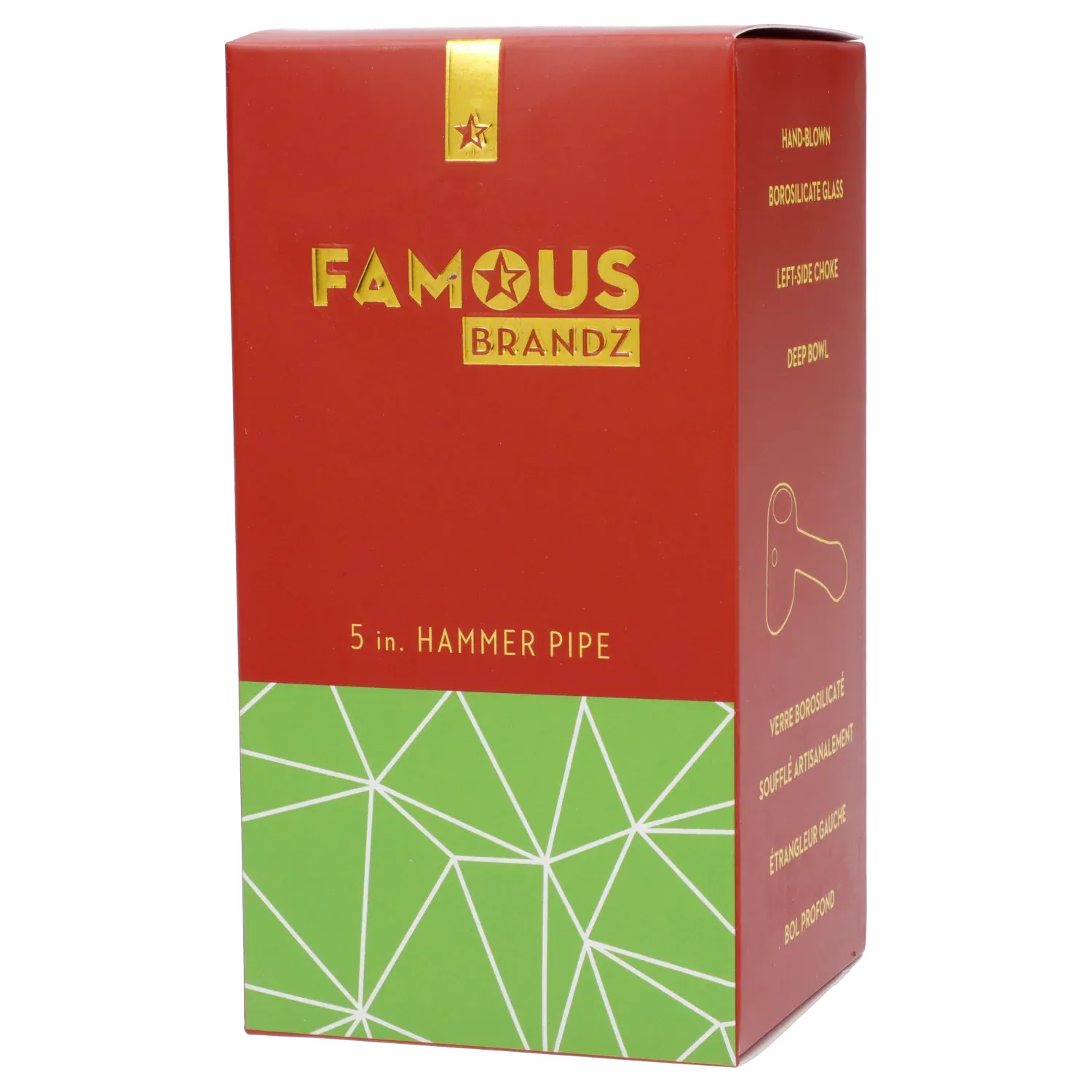 Three-quarter view of the Famous Design Space Hammer Pipe-Green-5 in. box showing red upper branding with gold foil text and a green geometric lower panel.