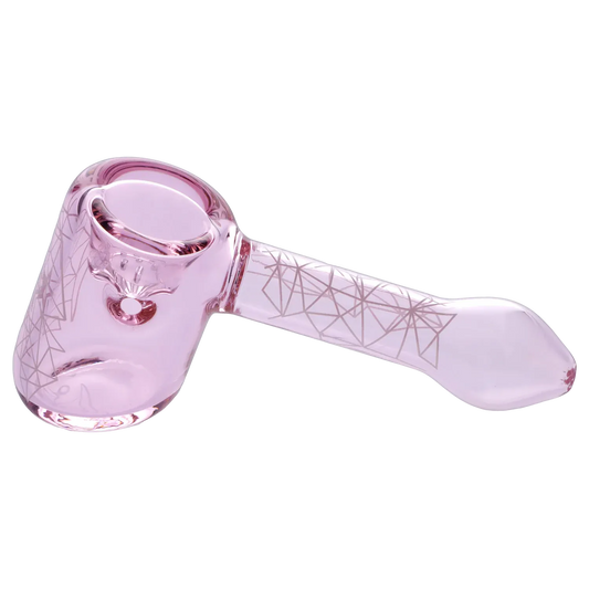 Angled close-up of a glossy pink Famous Design Space Hammer Pipe-Pink-5 in., showing its bowl, short stem and geometric line pattern along the handle.