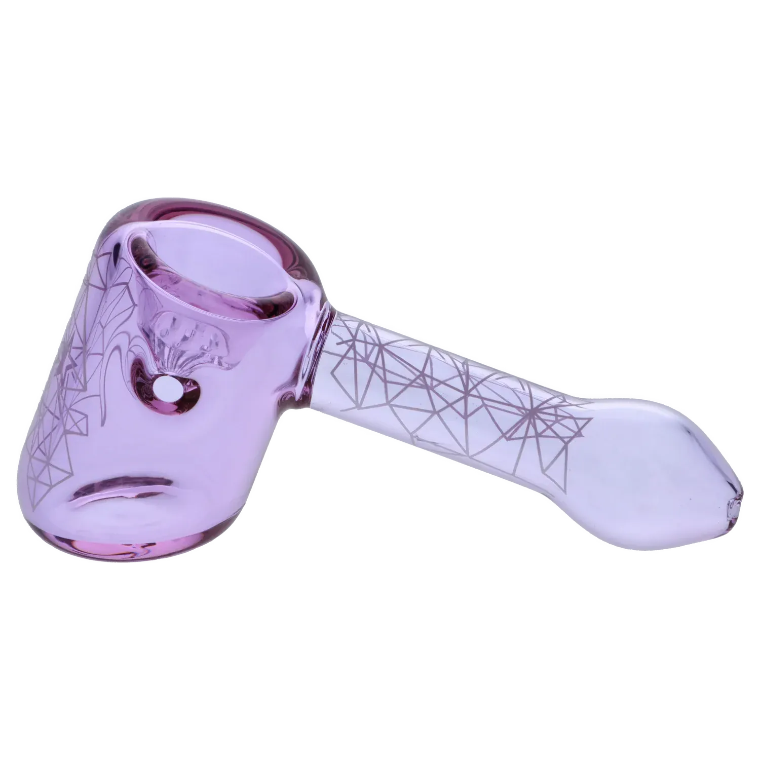 Angled close-up of the purple Famous Design Space Hammer Pipe-Purple- 5in. showing its bowl, carb hole, and geometric line pattern along the handle.