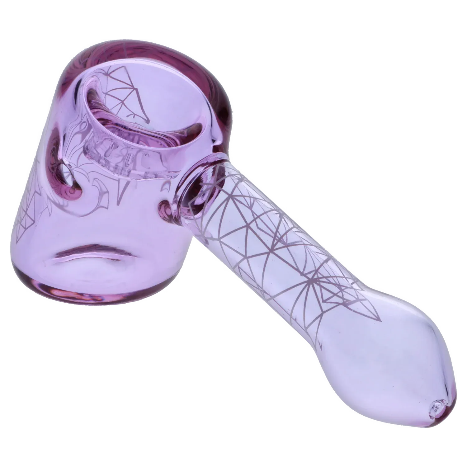 Angled close-up of the purple Famous Design Space Hammer Pipe-Purple- 5in. showing its carved bowl, side carb hole, and geometric line etchings along the handle