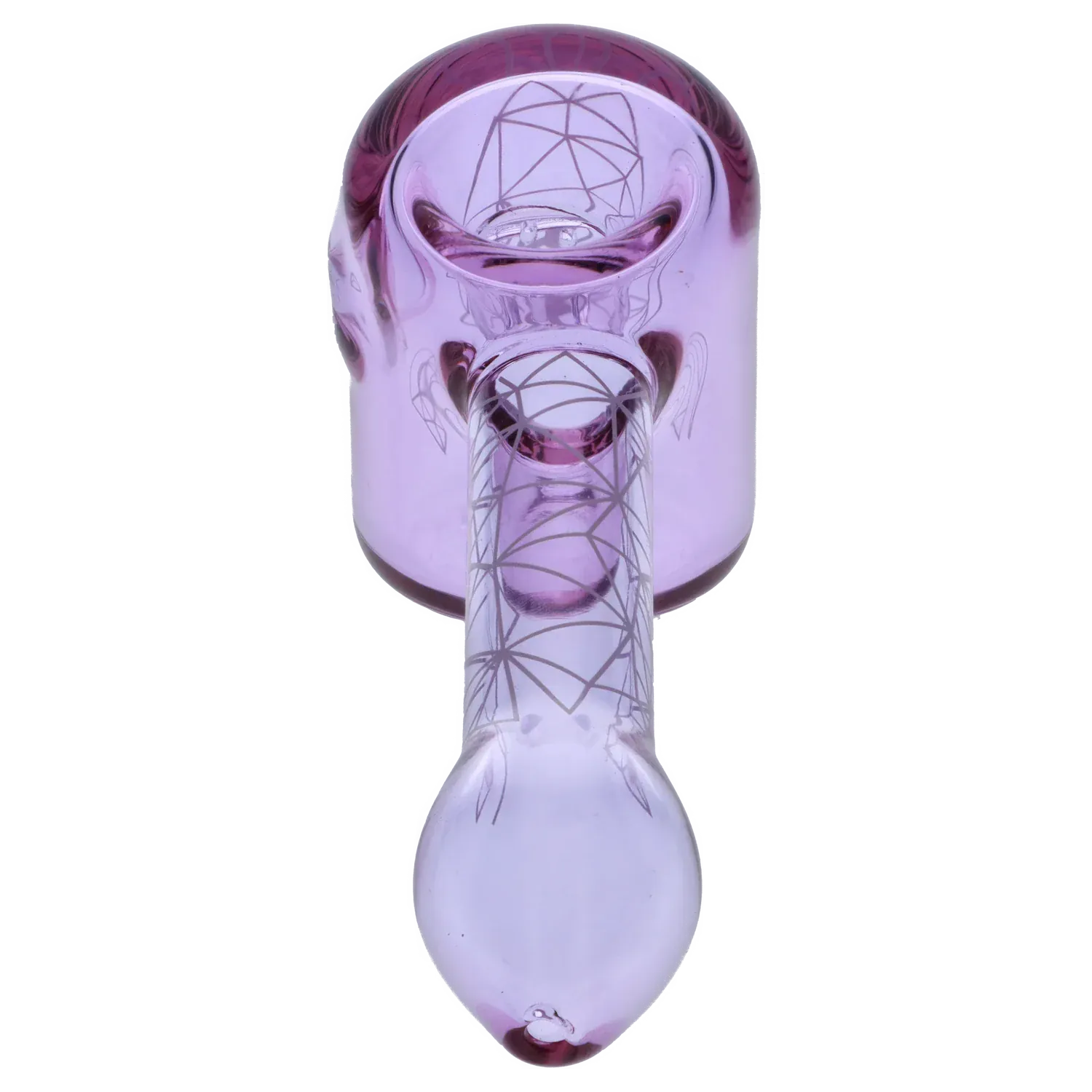 Top-down view of the purple Famous Design Space Hammer Pipe-Purple- 5in., showing its rounded bowl, patterned stem, and glossy glass finish.