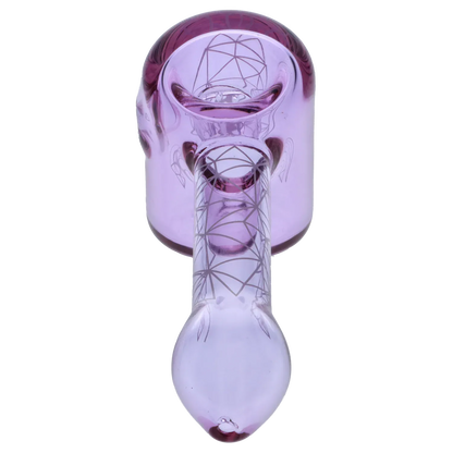 Top-down view of the purple Famous Design Space Hammer Pipe-Purple- 5in., showing its rounded bowl, patterned stem, and glossy glass finish.