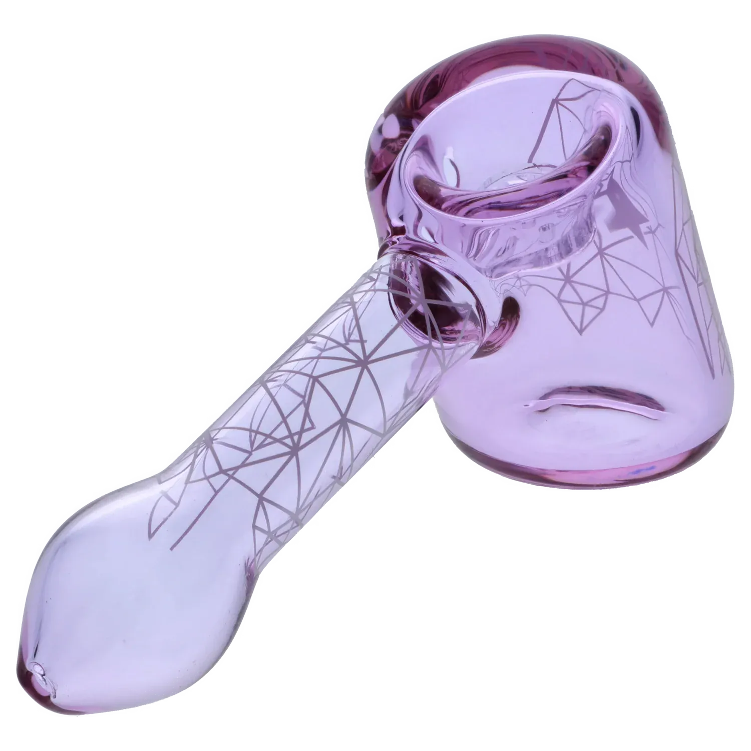 Angled close-up of the purple Famous Design Space Hammer Pipe-Purple- 5in. showing its rounded bowl, patterned stem, and glossy glass reflections