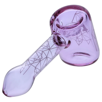 Angled close-up of the purple Famous Design Space Hammer Pipe-Purple- 5in. showing its rounded bowl, patterned stem, and glossy glass reflections