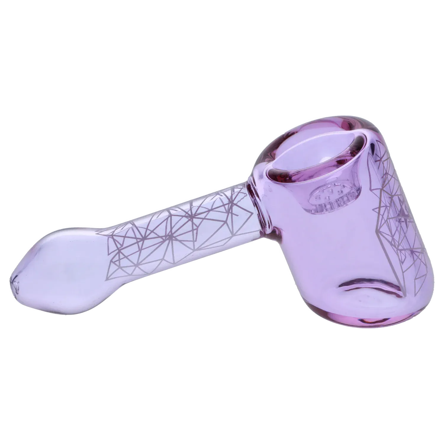 Angled side view of the purple Famous Design Space Hammer Pipe-Purple- 5in. with geometric line patterns along the handle and glossy glass finish